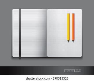 Blank notebook template with bookmark and pens - Vector illustration.