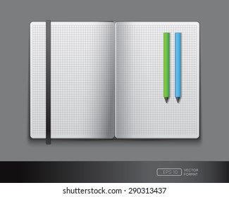 Blank notebook template with bookmark and pens - Vector illustration.