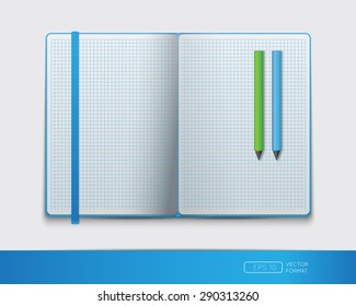 Blank notebook template with colorful bookmark and pens - Vector illustration.