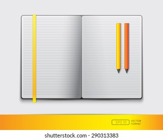 Blank notebook template with colorful bookmark and pens - Vector illustration.