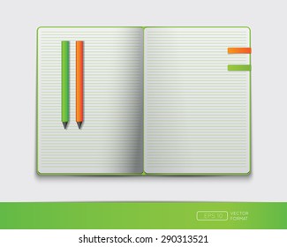 Blank notebook template with colorful bookmark and pens - Vector illustration.