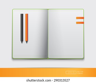 Blank notebook template with colorful bookmark and pens - Vector illustration.
