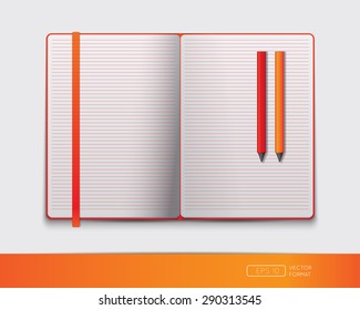 Blank notebook template with colorful bookmark and pens - Vector illustration.