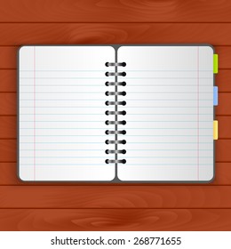 Blank notebook template on wood background. Vector illustration for your design.