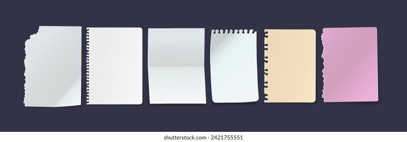 Leere Notizbuch-Risse, Vektorgrafik-Set. Verschiedene Papiere mit Modell-Up-Platz 3D-Modelle auf dunklem Hintergrund. Benachrichtigungen zum Schreiben von Erinnerungen