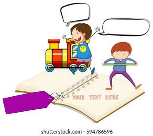 Blank notebook with two boys and train background illustration