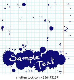 Blank notepad page with ink blots. School squared paper with ink drops. Vector illustration.