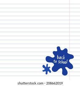 Blank notepad page with ink blots. School squared paper with ink drops. Vector illustration.