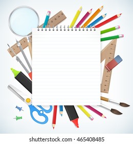 Blank notepad paper with school supplies business background.  Detailed vector illustration for print or  website. isolated education object.