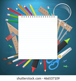 Blank notepad paper with school supplies business background.  Detailed vector illustration for print or website. Isolated education detailed object.