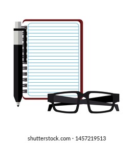 Blank notepad with pen and glasses isolated