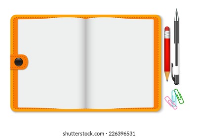 Blank Notepad with pen and pencil, top view