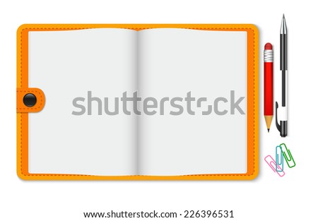 Blank Notepad with pen and pencil, top view