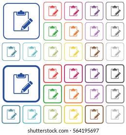 Blank notepad with pencil color flat icons in rounded square frames. Thin and thick versions included.