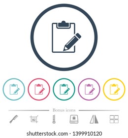 Blank notepad with pencil flat color icons in round outlines. 6 bonus icons included.