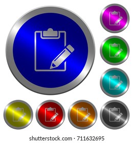 Blank notepad with pencil icons on round luminous coin-like color steel buttons