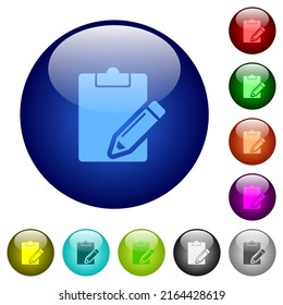 Blank notepad with pencil solid icons on round glass buttons in multiple colors. Arranged layer structure