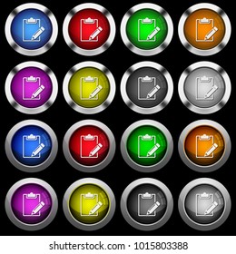 Blank notepad with pencil white icons in round glossy buttons with steel frames on black background.