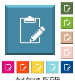 Blank notepad with pencil white icons on edged square buttons in various trendy colors