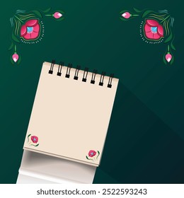 Blank notepad with plant pot on white and green background