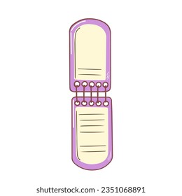 Blank notepad in purple color. Vertical opened notepad. Hand drawn stationery supplies doodle. Vector design illustration isolated on white background.