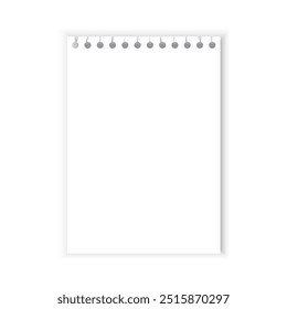 Hoja de bloc de notas en blanco. Papel encuadernado en espiral. Página blanca vacía. Mínima Plantilla de Vector.