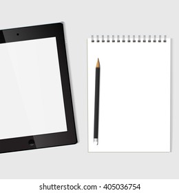 Blank notepad with Tablet and Pencil. Business or education concept, mock up. Vector, EPS10