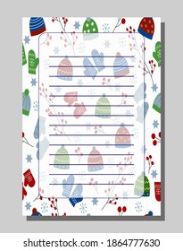 Blank for notes and to-do list. Illustration with winter attributes - hats and mittens. For scrapbooking, albums and diaries. Vector illustration. 