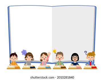 Blank notes and various facial expressions of elementary school boys and girls taking classes