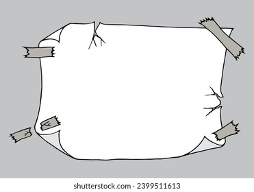 A blank notice sheet is taped to the wall. Hand Drawn. Freehand drawing. Doodle. Sketch. Outline.