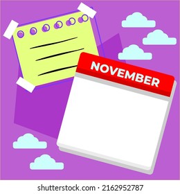 Blank November Single Calendar Template And Blank Sticky Notes. Templates Suitable For Social Media Content.