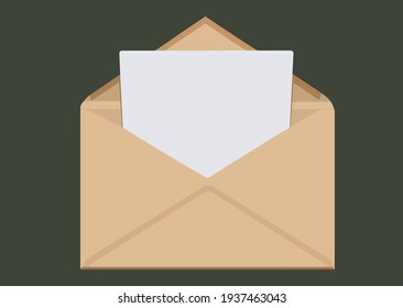 Blank Ocher Kraft Envelope With White Blank Blank Paper On A Dark Green Background (khaki). Copy Space, Mock Up For Text Or Logo.