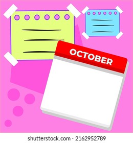 Blank October Single Calendar Template And Blank Sticky Notes. Templates Suitable For Social Media Content.