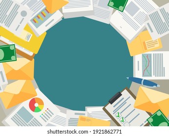 Escritorio de oficina en blanco con espacio de copia para texto, fondo de negocios, vista superior. Documentos de negocios, carpetas y correos electrónicos. Mucho trabajo. Ilustración vectorial, diseño plano, dibujos animados.
