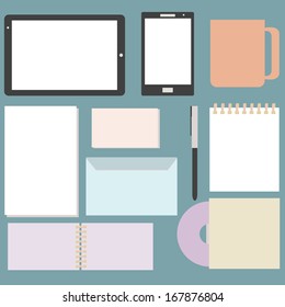Blank Office objects set company presentation or branding identity with blank modern devices Screen Tablet PC and Smartphone in vector
