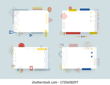 Blank office sheets set. Empty notebook pages collection. Minimalistic memo, reminder templates. Memphis style booklet papers. Stationary with geometrical elements. Business card. Corporate brochure. 
