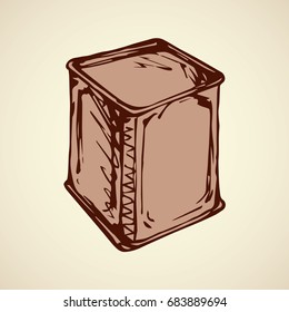 Blank old case pack isolated on white backdrop. Freehand outline black ink hand drawn logo sketchy in art retro scribble style pen on paper. Closeup view with space for text on label