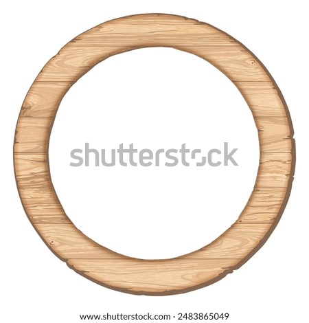 Blank old cut timber panels circle frame isolated graphic illustrated. Wooden round border whitewashed texture pattern.