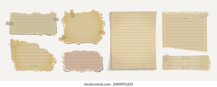 Blank old paper with adhesive tape. Set note sheet. Torn piece of craft paper. Templates for note message. Vector illustration. Isolated on white background. Front view