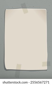 Blank old paper poster stuck with tape on cement wall background graphic illustration.