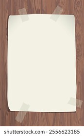 Blank old paper poster stuck with adhesive tape on Cut timber panels background graphic illustration.