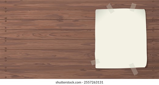 Blank old paper poster stuck with adhesive tape on Cut timber panels background graphic illustration have blank space.