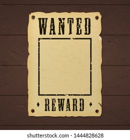 Blank old wanted banner template nailed to a wooden wall.