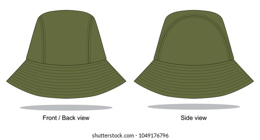 Blank olive green bucket hat with 3 panel template on white background.
Front, back and side view.
