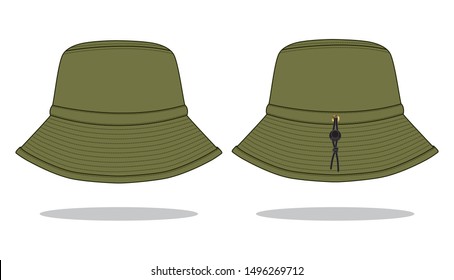 Blank Olive Green Bucket Hat with Cord and Stopper Toggle Template Vector.Front And Back View.