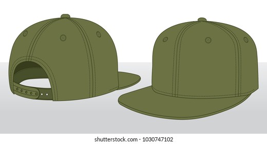 Blank Olive Green Hip Hop Cap With Adjustable Snap Back Strap Vector, Perspective View.