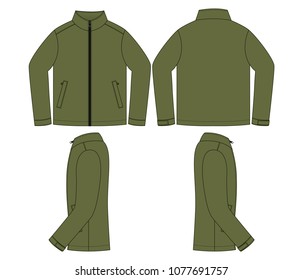 Blank Olive Green Jacket Template on White Background.Front, Back and Side View.