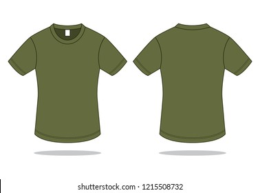 Blank Olive Green Short Sleeve T-Shirt With Label Size Template on White Background.Front and Back View, Vector File.
