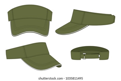Blank Olive Green Sun Visor Cap With White Sandwich and Hook-Loop Strap Template on White Background, Vector File.