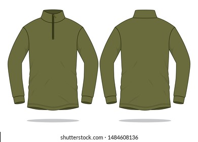 Blank Olive Green Sweatshirt With Stand Up Collar Zipper Template On Gray Background.Front And Back View.